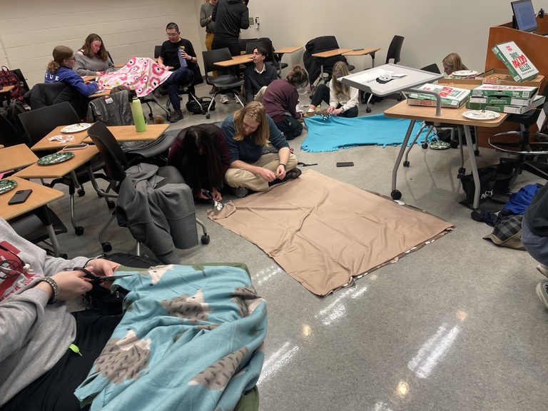 Working on Tie Blankets